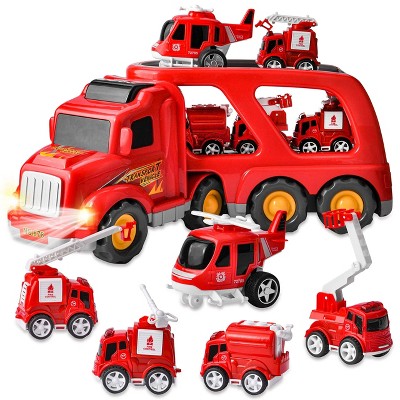 6PC Transport Carrier Truck with 5 Fire Rescue Diecast Vehicle Toys, Car Toy Set with Light and Sounds, Car Carrier Trailer for kids 3 4 5 6 Years Old