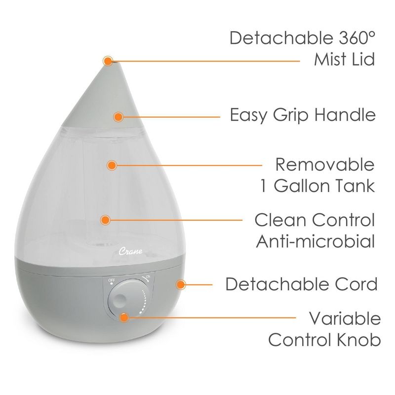 Crane Drop Ultrasonic Cool Mist Humidifier - 1 Gallon, 4 of 13