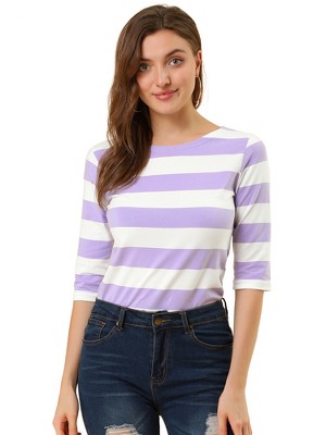 INSPIRE CHIC Women's Stripes Casual Basic Elbow Sleeves Boat Neck Slim Fit T-Shirts