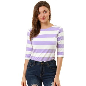 INSPIRE CHIC Women's Stripes Casual Basic Elbow Sleeves Boat Neck Slim Fit T-Shirts - 1 of 4