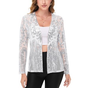 Anna-Kaci Women's Sequin Embellished Open-Front Cardigan with Sheer Mesh Long Sleeves - 1 of 4