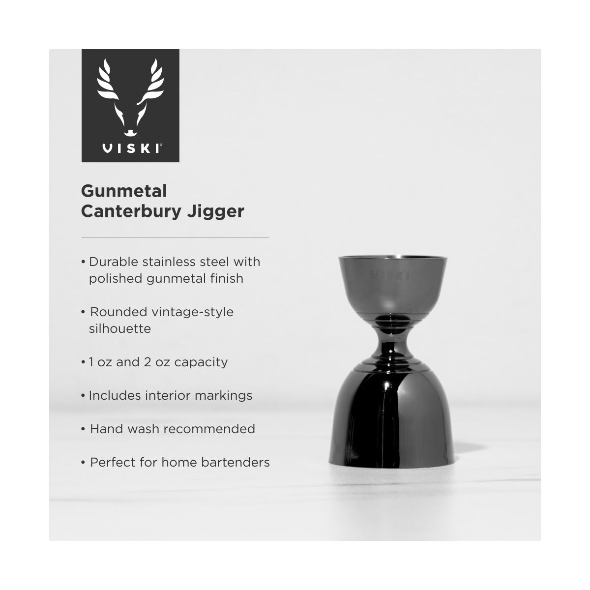Viski Gunmetal Canterbury Double Jigger for Cocktails, Mixed Drinks, Stainless Steel, 1oz & 2oz Capacity, Home Bar Essentials, Bartender Gifts, Black - thumbnail 2