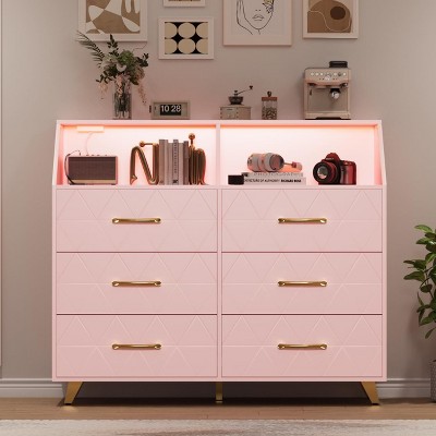Modern 6 Drawer Dresser, Pink Chest of Drawer with Led Light Strip, Charging Station, Open Shelf, Metal Legs, Large Wooden Dresser Cabinet for