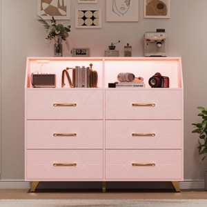 Modern 6 Drawer Dresser, Black Chest of Drawer with Led Light Strip, Charging Station, Open Shelf, Metal Legs, Large Wooden Dresser Cabinet - 1 of 4