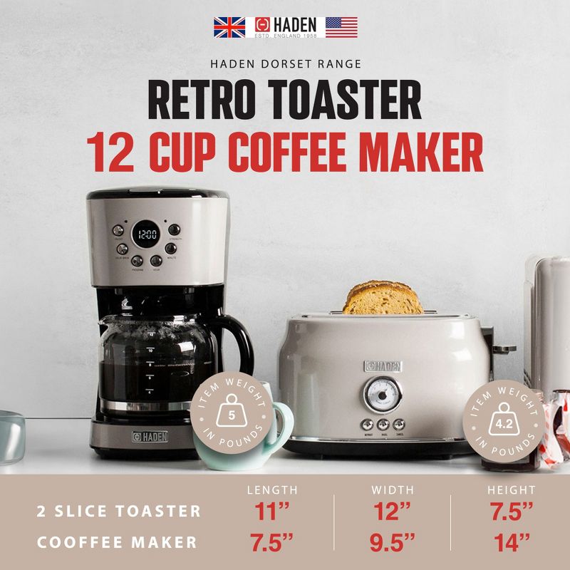 Haden Retro Style 12 Cup Programmable Home Coffee Maker Machine with Carafe and Wide Slot Stainless Steel Retro 2-Slice Toaster, Putty Beige, 4 of 7