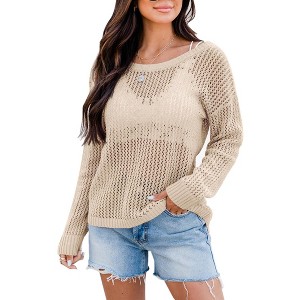 Sheer Tops for Women Summer Breathable Pullover Sweater Crochet Tops Long Sleeve Hollow Out Beach Summer Sweater Beach Cover Ups - 1 of 3