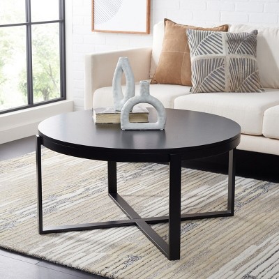 Navya Round Whitewashed Wood and Gold Metal Coffee Table