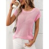 Womens Semi Sheer Lightweight Crochet Crew Neck Sweater Tops for Summer Cap Sleeve Casual Pullover Sweate - 4 of 4