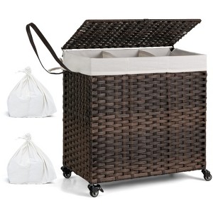 Costway Laundry Hamper w/Wheels & Lid, 125L 3-Section Clothes Hamper w/2 Liner Bags - 1 of 4