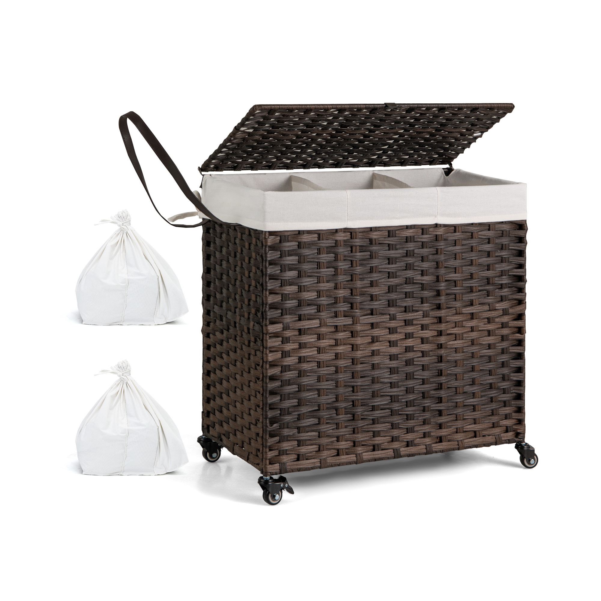 Costway Laundry Hamper w/Wheels & Lid, 125L 3-Section Clothes Hamper w/2 Liner Bags Brown