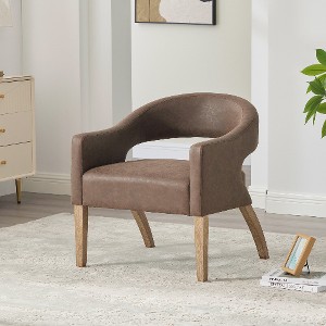 Lyngins 25.79" Wide Modern Barrel Chair, Open Back Upholstered Accent Chair with Weathered Solid Wood Legs, PU Fabric Dining Chair for Dining Room - 1 of 4