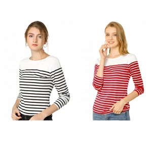 Allegra K Women's Color Block Round Neck Long Sleeves Striped Basic T-Shirt 2 Packs - 1 of 4