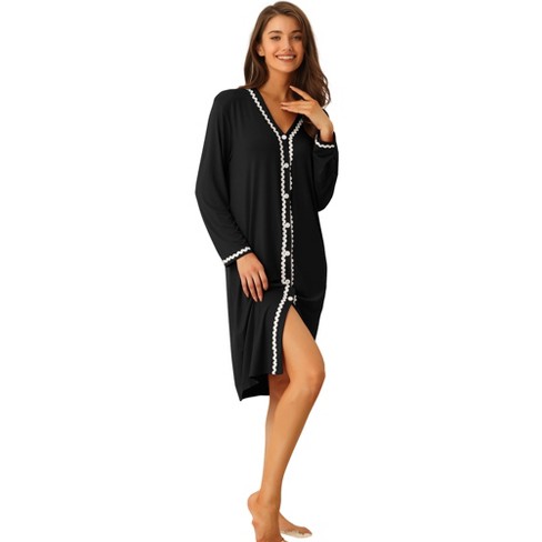 cheibear Women's Long Sleeve Button Down Lounge Dress Nightshirt Sleepwear  Black Small