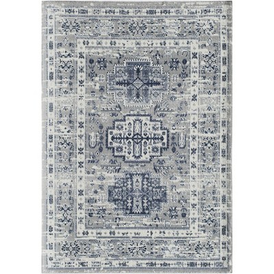Gray and Navy Floral Synthetic Area Rug, 5'3" x 7'