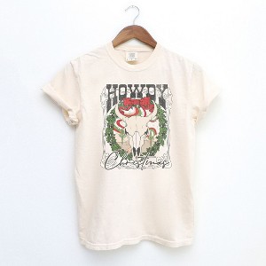 Simply Sage Market Women's Howdy Christmas Bull Short Sleeve Garment Dyed Tee - 1 of 2