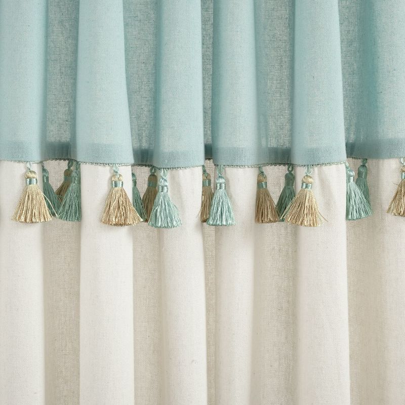 Boho Faux Linen Tassel Color Block Window Curtain Panel Blue/Off White 42X84 Set, 3 of 6