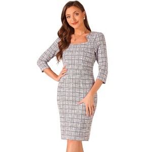 INSPIRE CHIC Women's Elegant Work 3/4 Sleeve Plaid Tweed Bodycon Dresses - 1 of 4