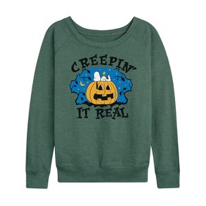 Women's - Peanuts - Creepin It Real Halloween Lightweight French Terry Wide Neck Long Sleeve Shirt - 1 of 4