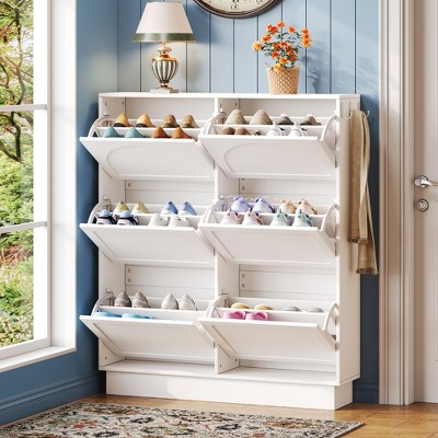 SKRAN Shoe Cabinet, Free-Standing Shoe Rack Narrow Entryway Storage with 6 Flip Drawers 3 Silvery Hooks and Adjustable Shelf for Hallway