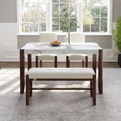 4-Piece White Dining Set,46 Inch Faux Marble Style Dining Table,Upholstered Chairs With Solid Rubberwood Legs And 2 Seater Bench-Cuddlewood