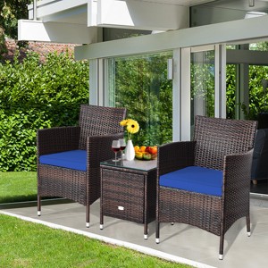 Tangkula 3-Piece Patio Wicker Rattan Furniture Set Conversation Sofa Set with Coffee Table Navy - 1 of 4