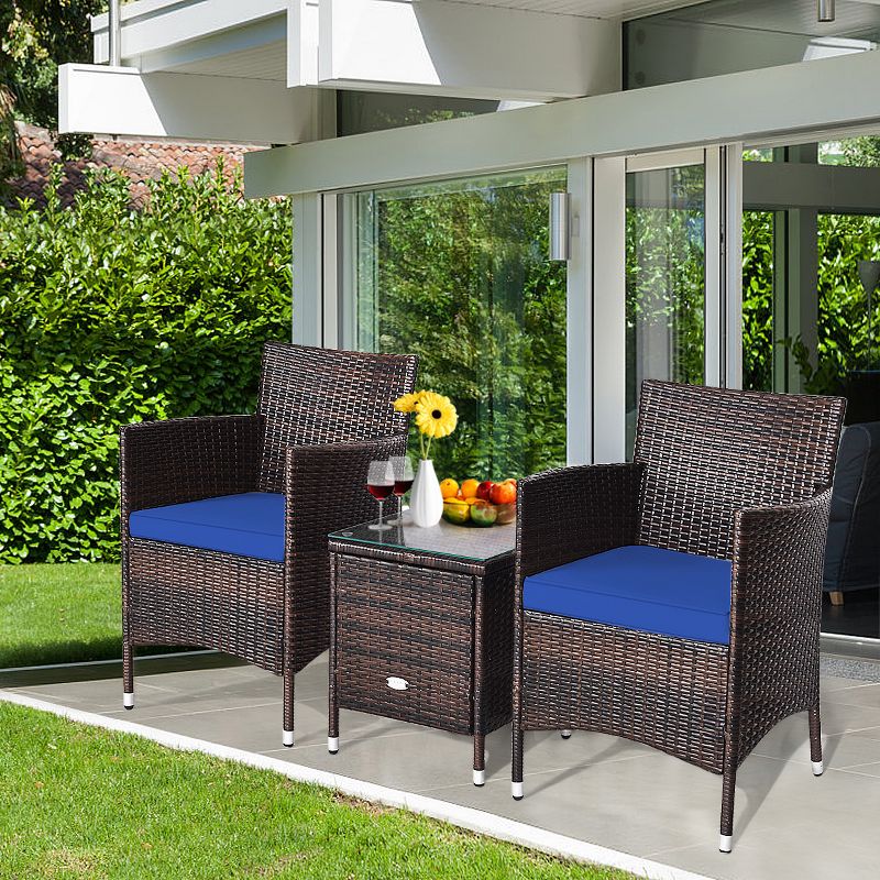 Tangkula 3-Piece Patio Wicker Rattan Furniture Set Conversation Sofa Set with Coffee Table Navy, 1 of 8