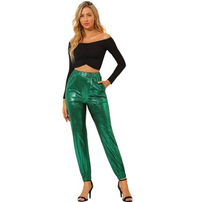 INSPIRE CHIC Women's Metallic Shiny Sparkle Elastic Waist Pants