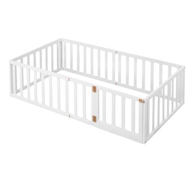 Bellemave Twin Floor Bed with Fence and Door, Wooden Montessori Floor Beds with Rails for Kids, White