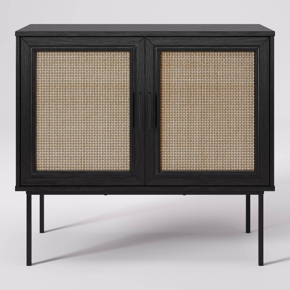 Photos - Storage Сabinet CorLiving Emmet Compact Sideboard Buffet with Cane Doors Black/Natural  