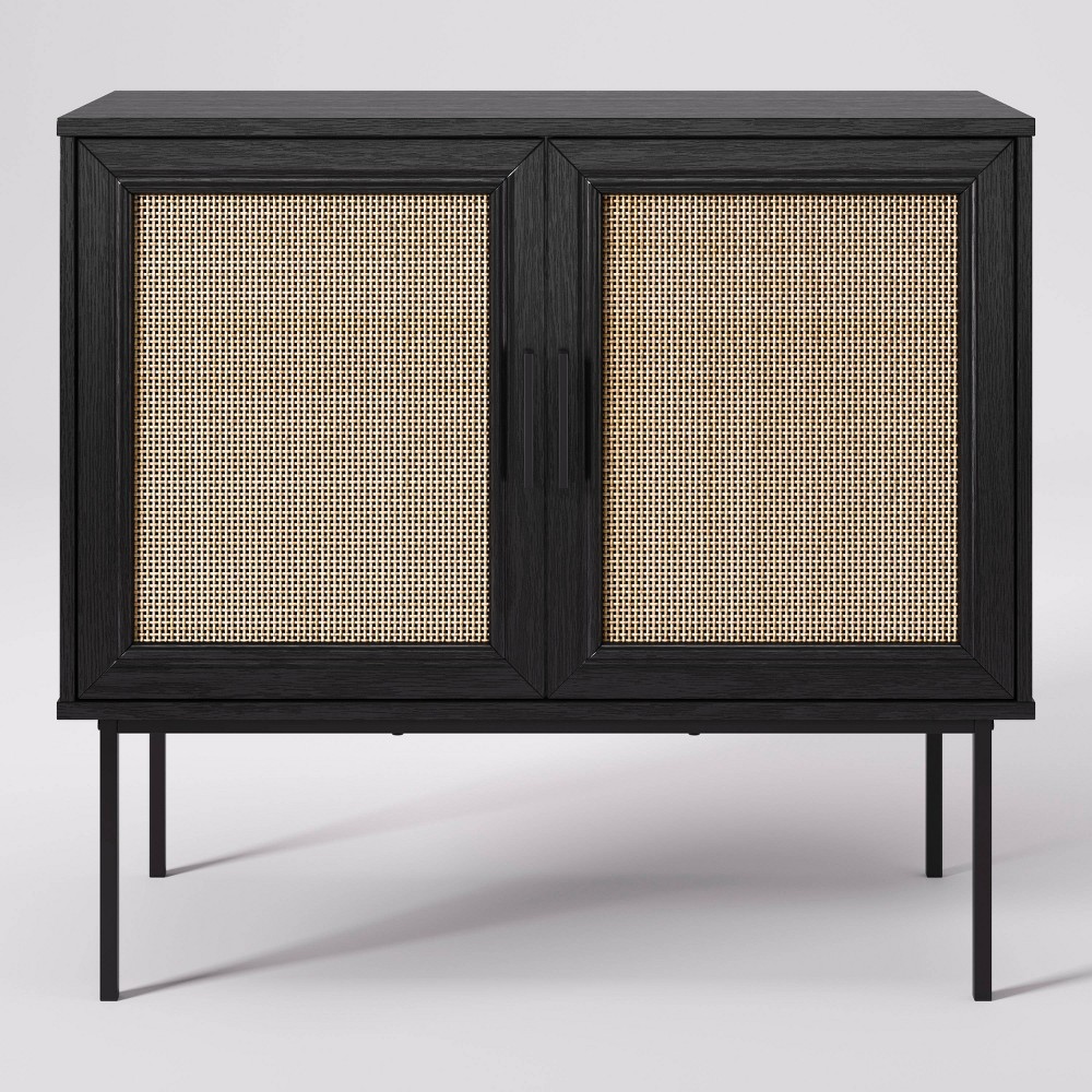 Emmet Compact Sideboard Buffet with Cane Doors Black/Natural - CorLiving: Mid-Century Laminated MDF Storage Cabinet