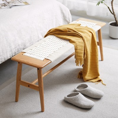 Natural Oak Wood Accent Bench,Bed Bench With Weave Rattan Seat And Solid Wood Frame,Rectangle Bedroom Wooden Side Bench-Cuddlewood