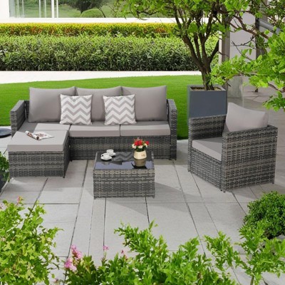 4-Pieces Outdoor Patio L-Shaped Sectional Sofa Set with Single Sofa & Glass Coffee Table