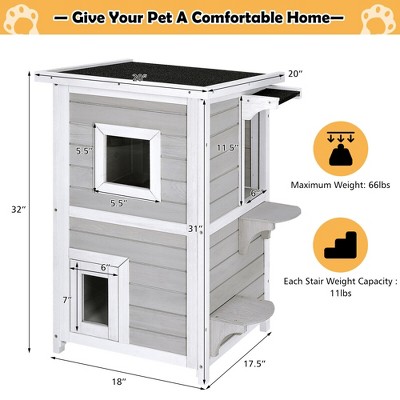 Gray and White 2-Story Wooden Outdoor Cat House with Escape Door