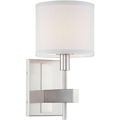 Possini Euro Design Modern Wall Lamp Satin Nickel Hardwired 13 1/2" High Fixture White Drum Shade Bedroom Reading Living Room