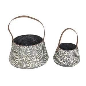 Set of 2 Rustic Whitewashed Pattern Galvanized Metal Decorative Storage Baskets With Faux Leather Handles - Foreside Home and Garden - 1 of 4