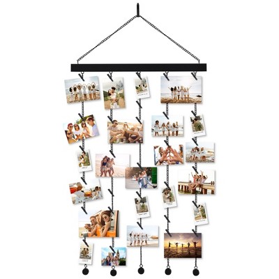 Americanflat Hanging Photo Display with Clips - 16" Engineered Wood Picture Hanger with 23" Metal Chains and 30 Clips