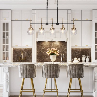 Black and Brass 5-Light Linear Chandelier with Glass Shades