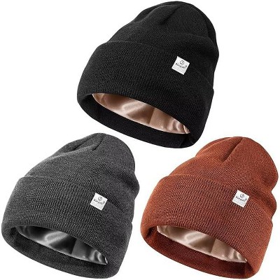 SENPUKI 3 Pack Satin Lined Winter Beanie Hats for Women Men,Silk Lined Beanie Knit Soft Warm Cuffed Hat