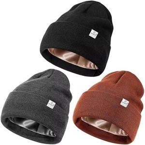 SENPUKI 3 Pack Satin Lined Winter Beanie Hats for Women Men,Silk Lined Beanie Knit Soft Warm Cuffed Hat - 1 of 1