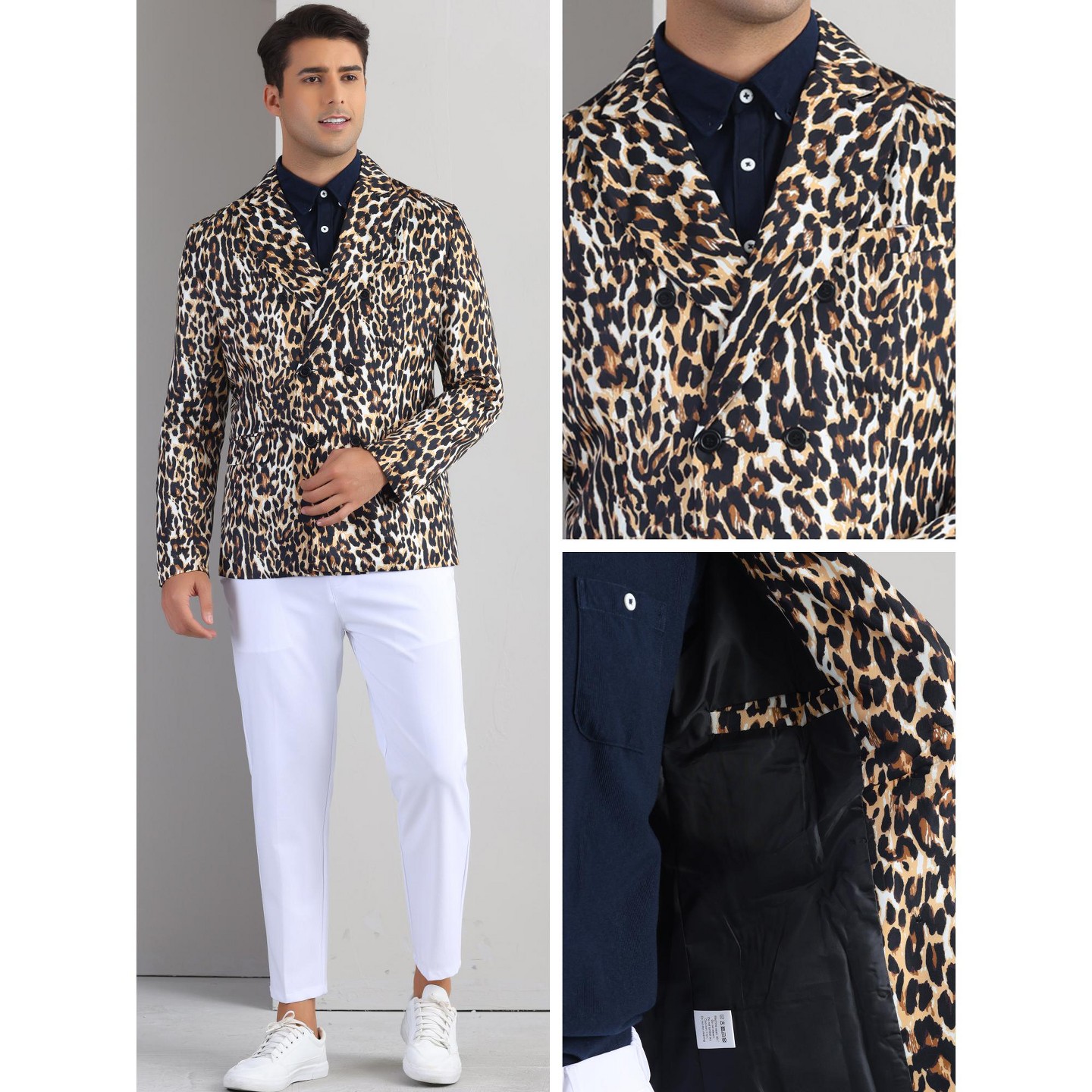 Мужской пиджак INSPIRE CHIC Party Festival Peak Lapel Double-Breasted Animal Print Blazer Black White, цвет: Коричневый — фото 2