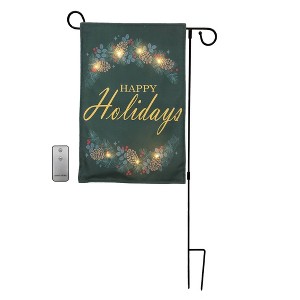 Lumabase Battery Operated Lighted Outdoor Banner with Garden Flag Stand and Remote Control Happy Holidays - 1 of 3