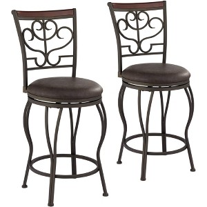 55 Downing Street Kayden Metal Swivel Bar Stools Set of 2 Brown 25" High Traditional Round Cushion with Backrest Footrest for Kitchen Counter Height - 1 of 4