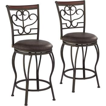 55 Downing Street Kayden Metal Swivel Bar Stools Set of 2 Brown 25" High Traditional Round Cushion with Backrest Footrest for Kitchen Counter Height