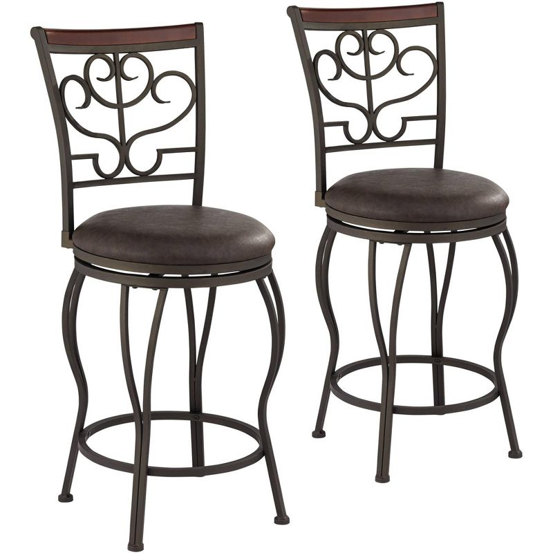 55 Downing Street Kayden Metal Swivel Bar Stools Set of 2 Brown 25" High Traditional Round Cushion with Backrest Footrest for Kitchen Counter Height, 1 of 10