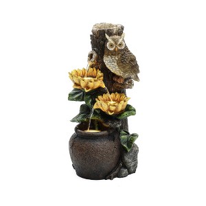 LuxenHome 28 Inch Outdoor Water Fountain, Owl and Sunflower Cascading Waterfall Fountain Outdoor and Indoor with LED Lights Brown - 1 of 4