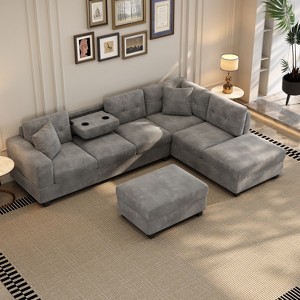 105"W Modern Sectional Sofa with Storage Ottoman, L-Shaped Couch with 2 Pillows and Cup Holder for Living Room - ModernLuxe - 1 of 4