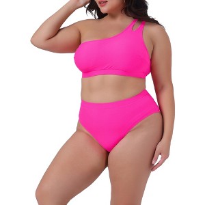 Agnes Orinda Women's Plus Size High Waisted Two Piece One Shoulder Keyhole Swimsuit Bathing Bikini Suits - 1 of 4