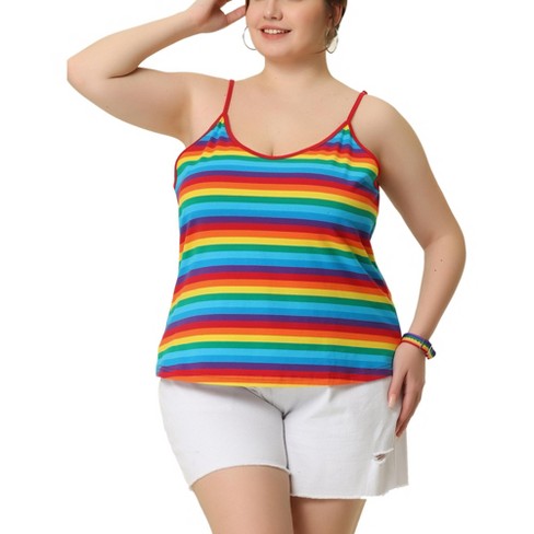 Agnes Orinda Women's Plus Size Stripe Strap Sleeveless Stretch Rainbow  Camisole Rainbow Red 2X