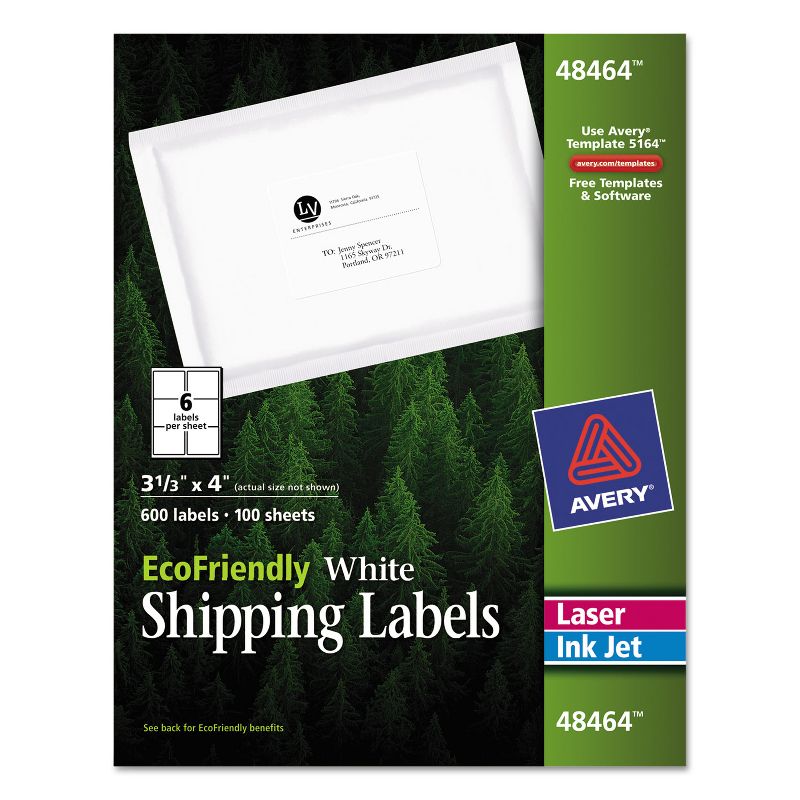 Avery EcoFriendly Laser/Inkjet Shipping Labels 3 1/3 x 4 White 600/Pack 48464, 1 of 8