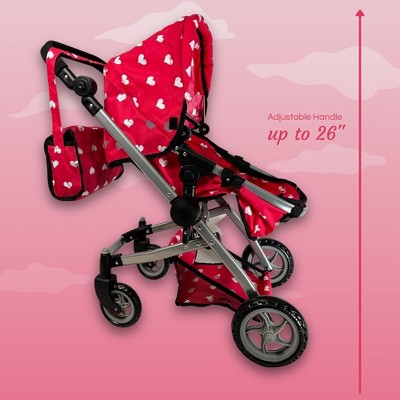 Pink Hearts Convertible Combo Baby Doll Stroller with Storage Basket